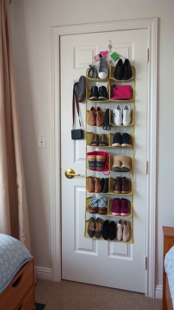 A door with an over-the-door shoe organizer displaying various shoes and bags.