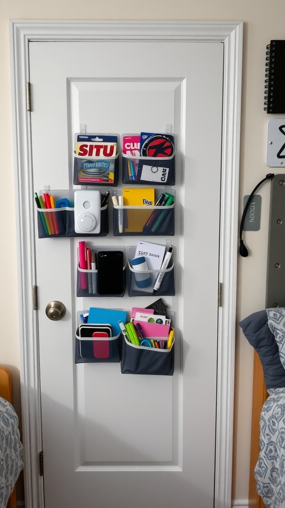 An over-the-door organizer filled with school supplies, including pens, notebooks, and a phone.