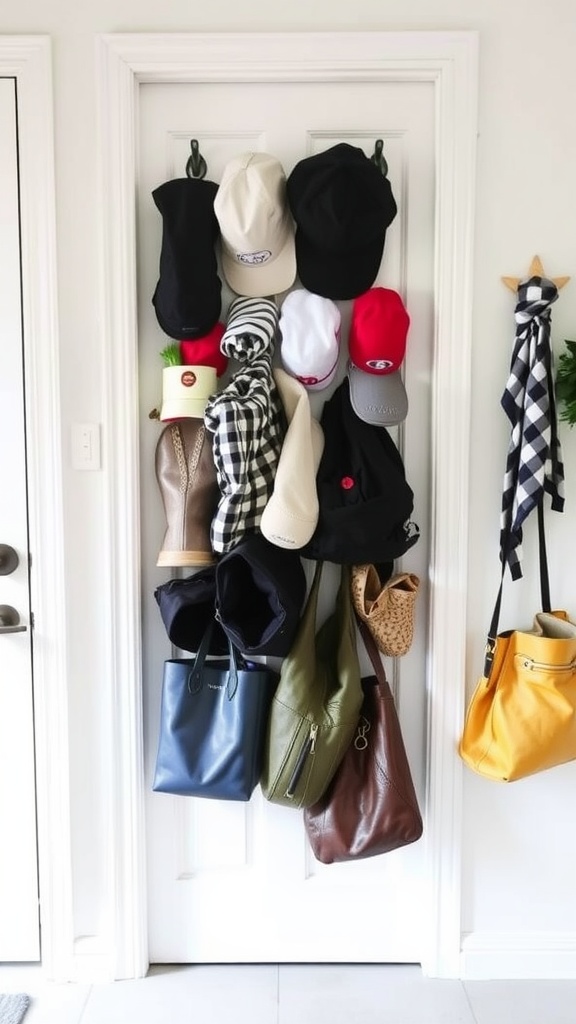 A door with hats, bags, and other items hanging from hooks for easy access.