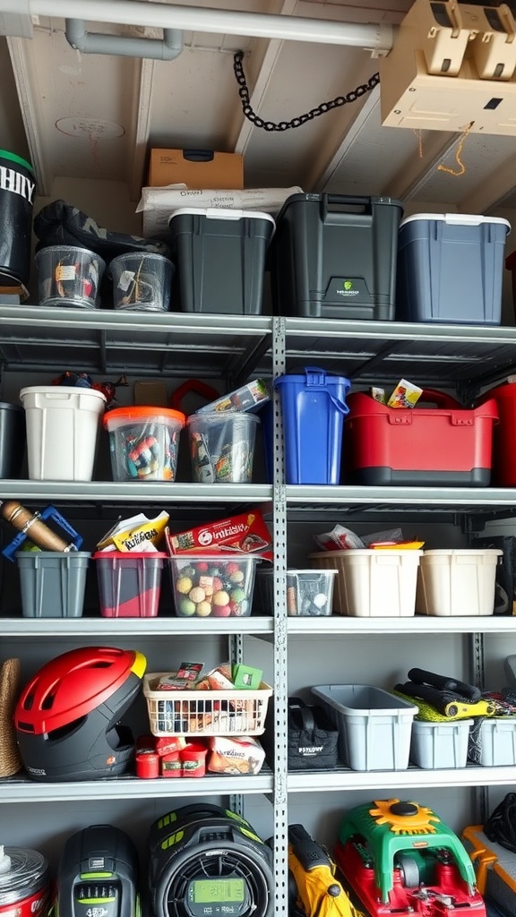 Overhead storage solution in a garage with colorful bins and containers organized on shelves.