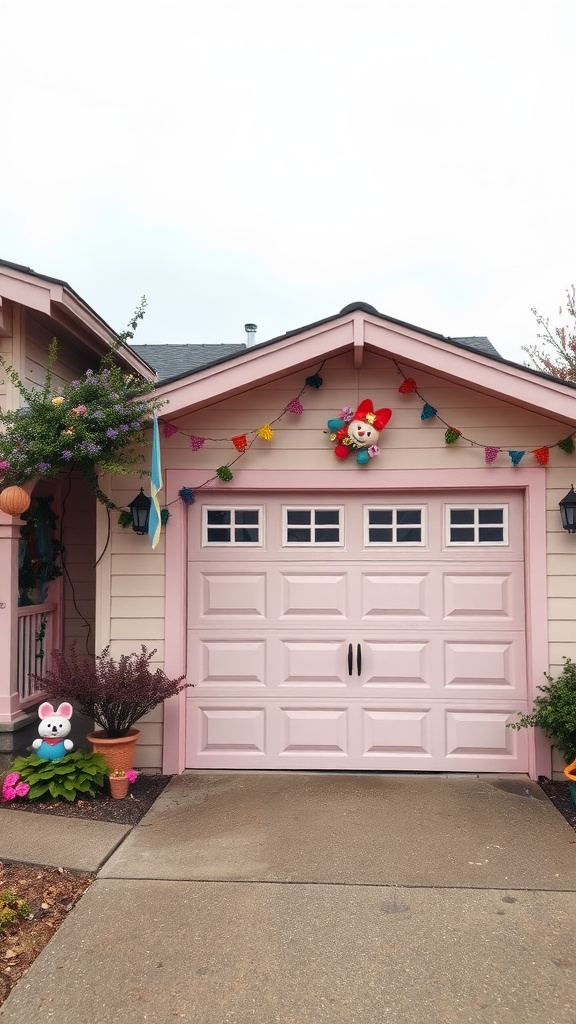 A pastel pink garage door adorned with colorful decorations and flowers.