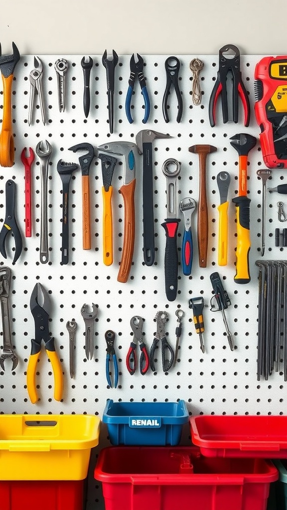 Pegboard tool storage with various tools and colorful bins