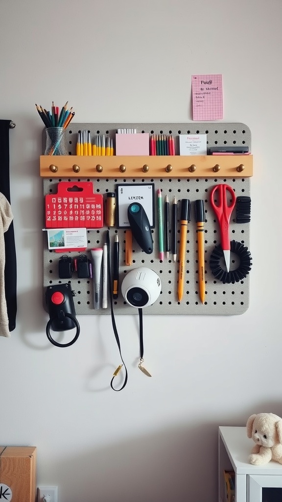 A pegboard wall organizer displaying various stationery items and accessories