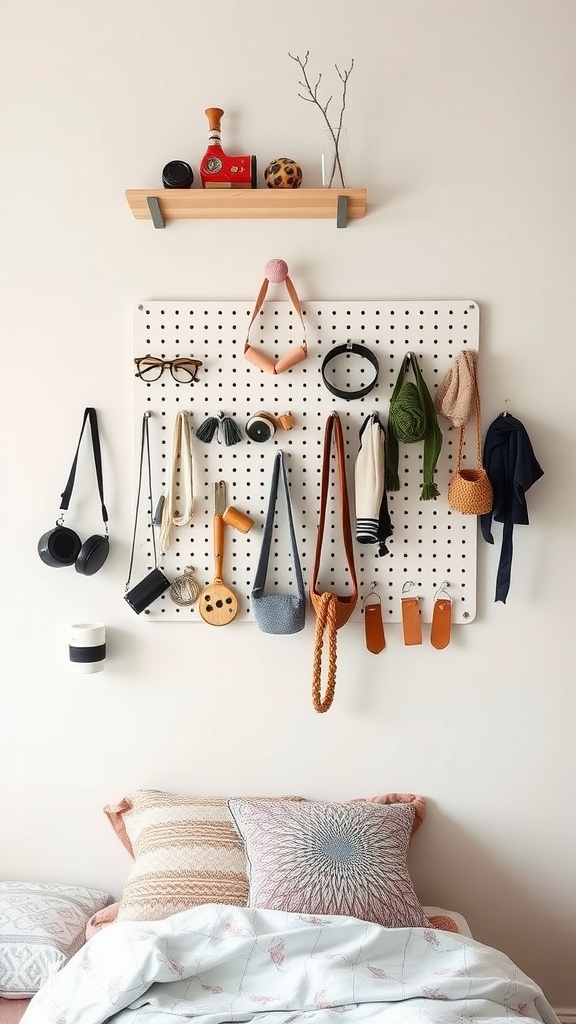 A pegboard with various accessories like bags, glasses, and headphones arranged neatly above a bed with colorful pillows.