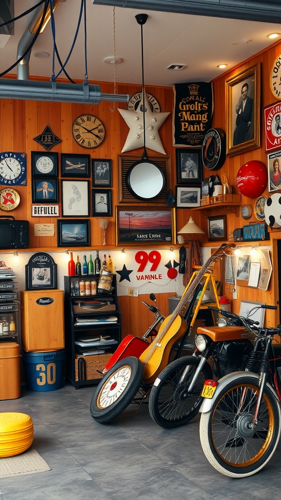 A cozy garage lounge filled with personalized decor elements, including vintage clocks, framed pictures, and colorful furniture.