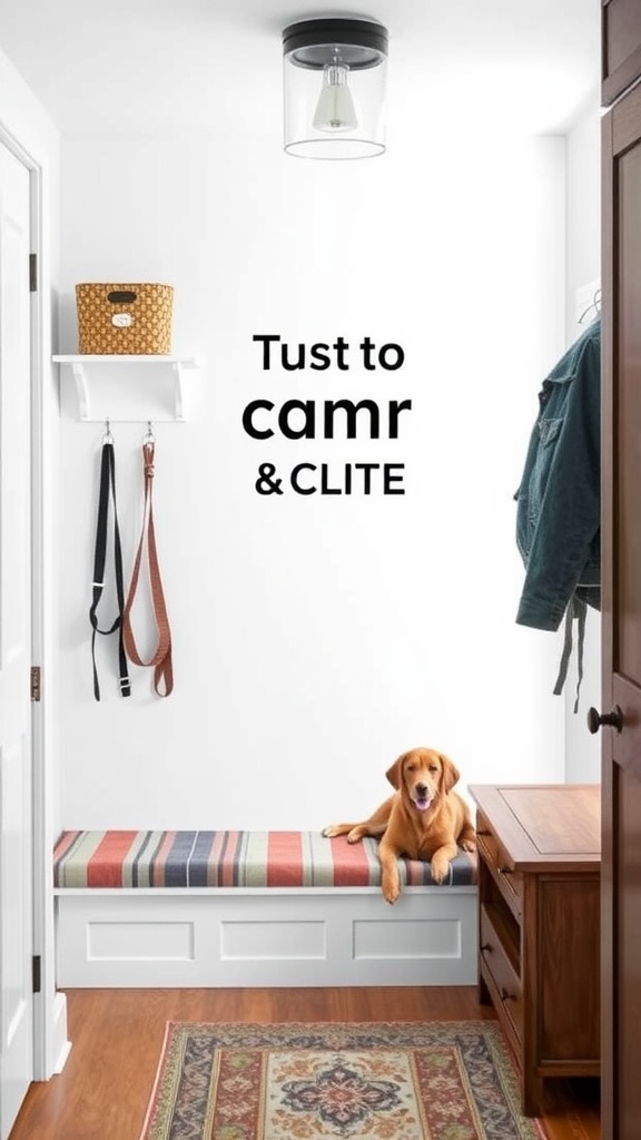 A cozy mudroom featuring a dog on a striped bench with hooks and a wooden storage unit.