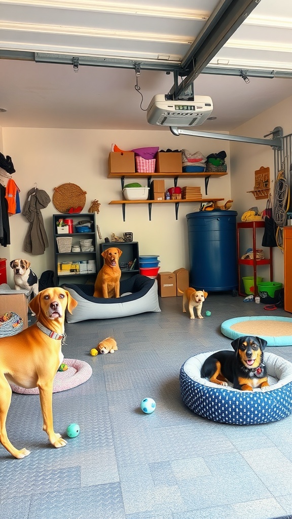 A pet-friendly garage hangout space featuring dogs lounging on beds and playing with toys.