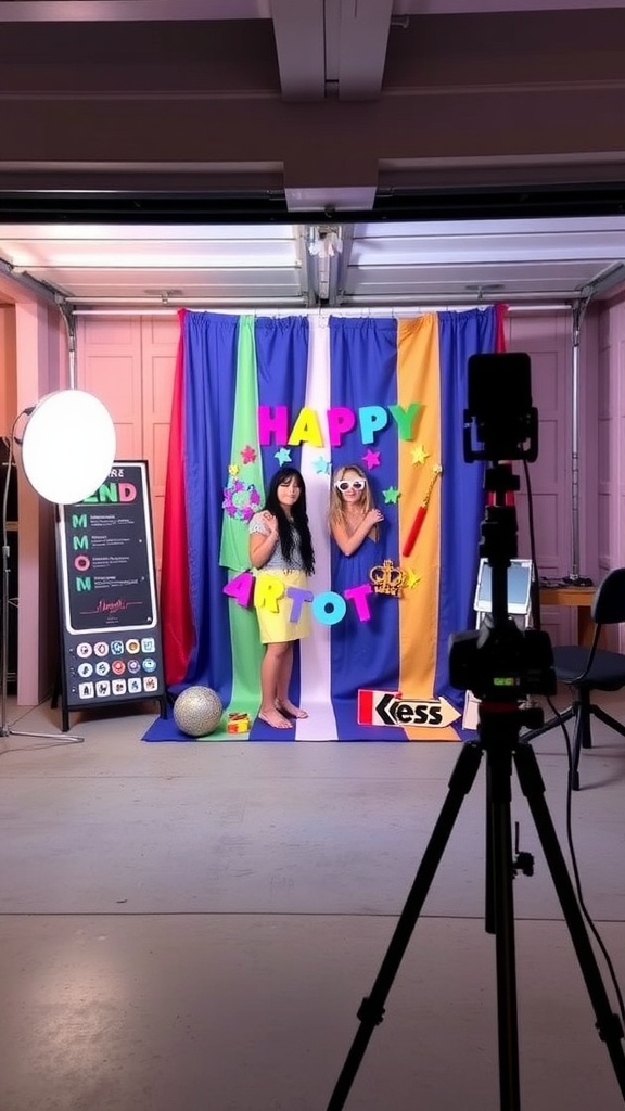 A vibrant photo booth setup with colorful backdrop and props, featuring two people posing happily.