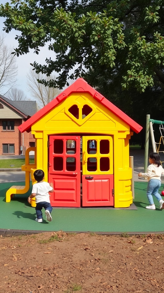 A colorful plastic playhouse with children approaching it in a sunny outdoor setting.