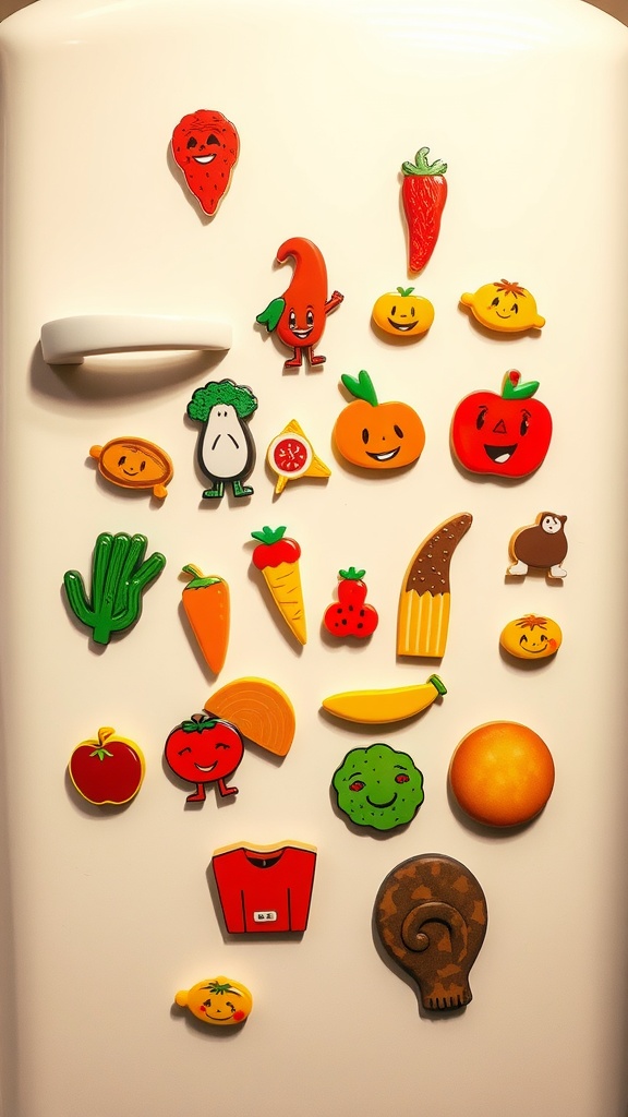 A colorful assortment of playful refrigerator magnets featuring smiling fruits and vegetables.