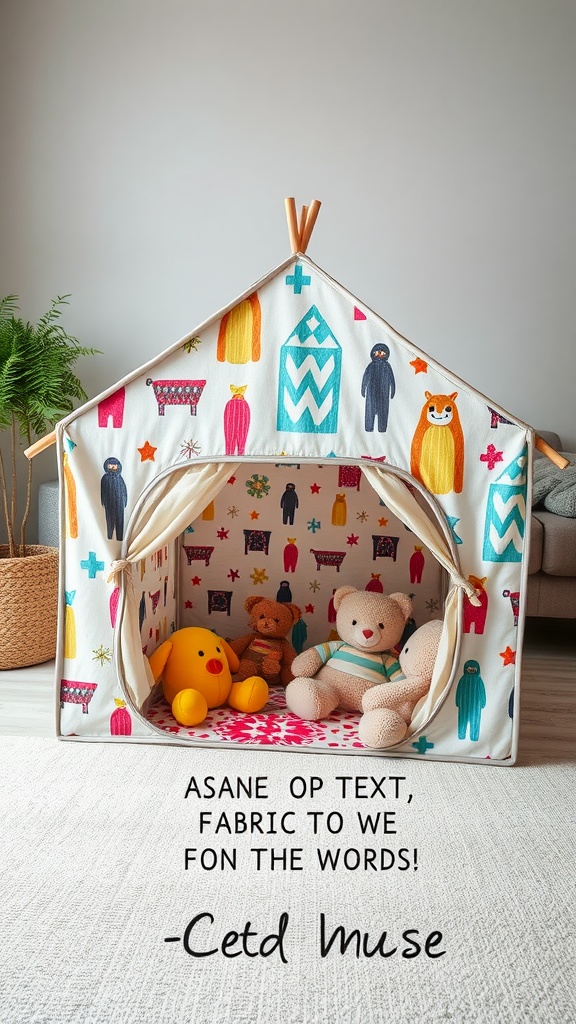 A colorful fabric playhouse with fun patterns, featuring stuffed animals inside.