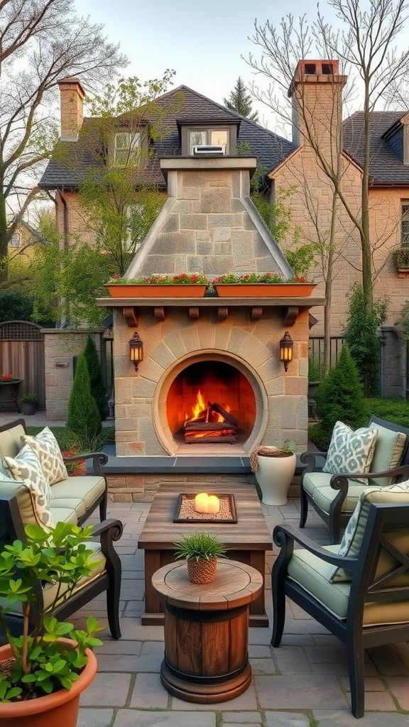 A cozy outdoor fireplace made of stone surrounded by comfortable seating and plants.