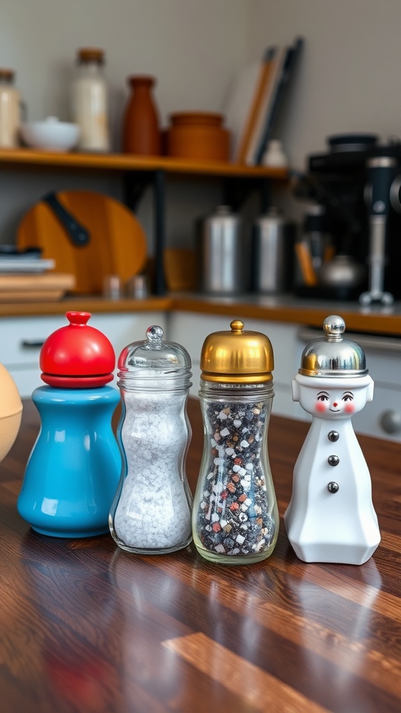 A collection of quirky salt and pepper shakers in a kitchen setting.