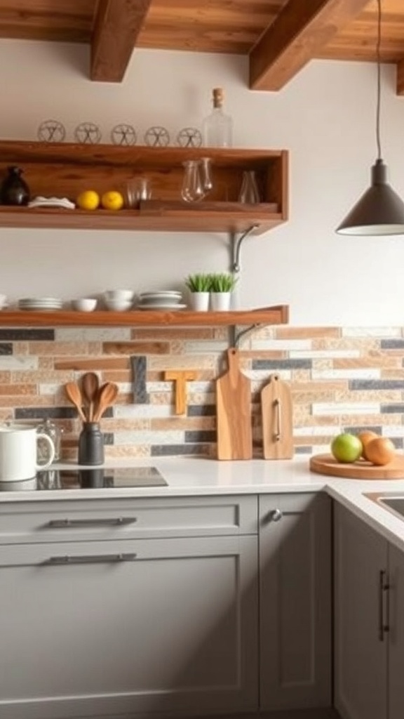 Stylish kitchen with reclaimed materials and a colorful back splash.