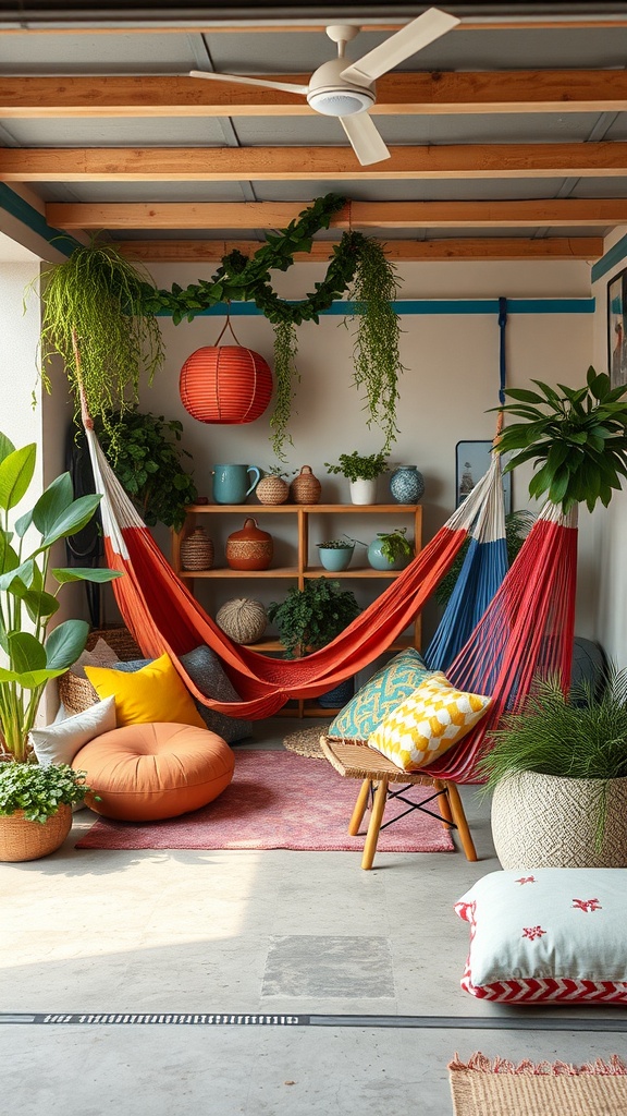 A cozy relaxation zone in a garage featuring colorful hammocks, plants, and decorative cushions.