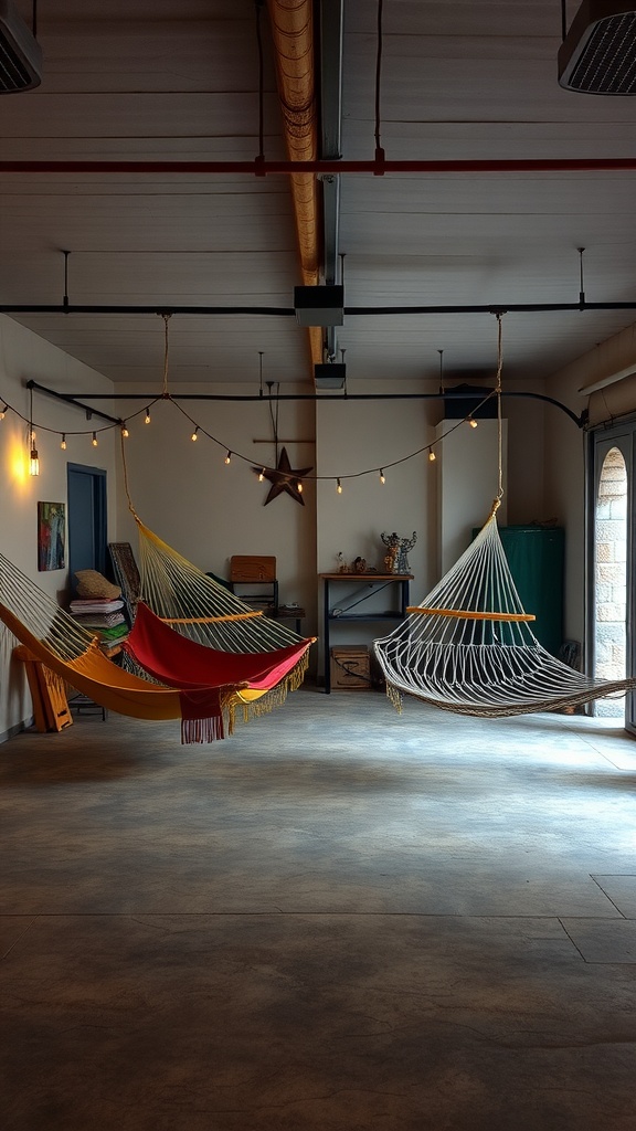 A garage lounge area with colorful hammocks and warm lighting.
