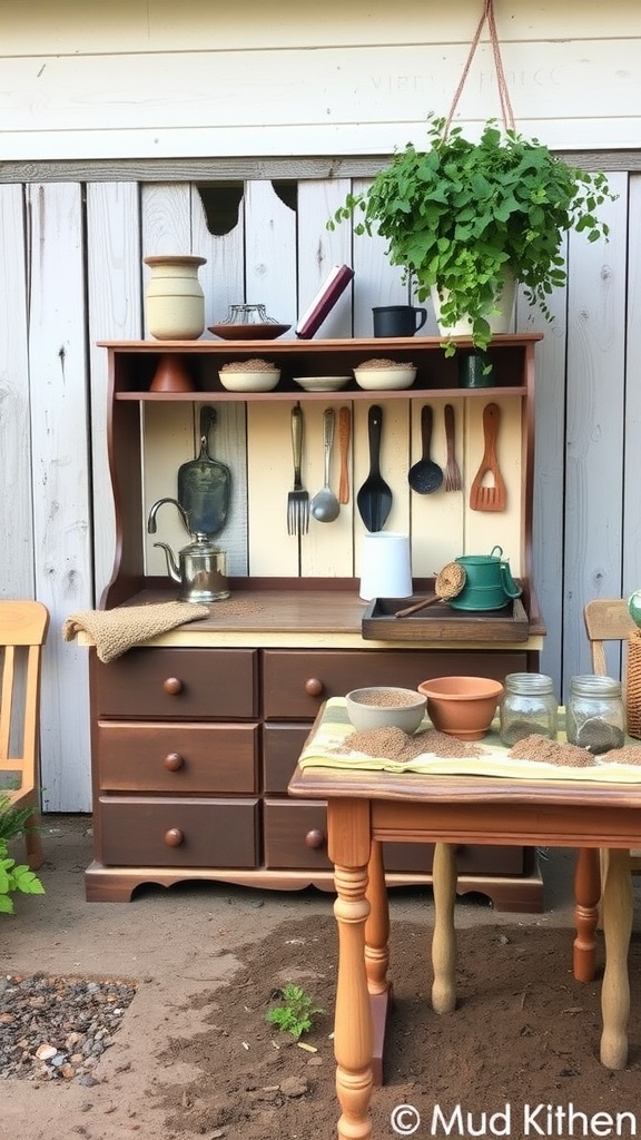 A repurposed wooden hutch and table set up as a mud kitchen with various utensils and a hanging plant.