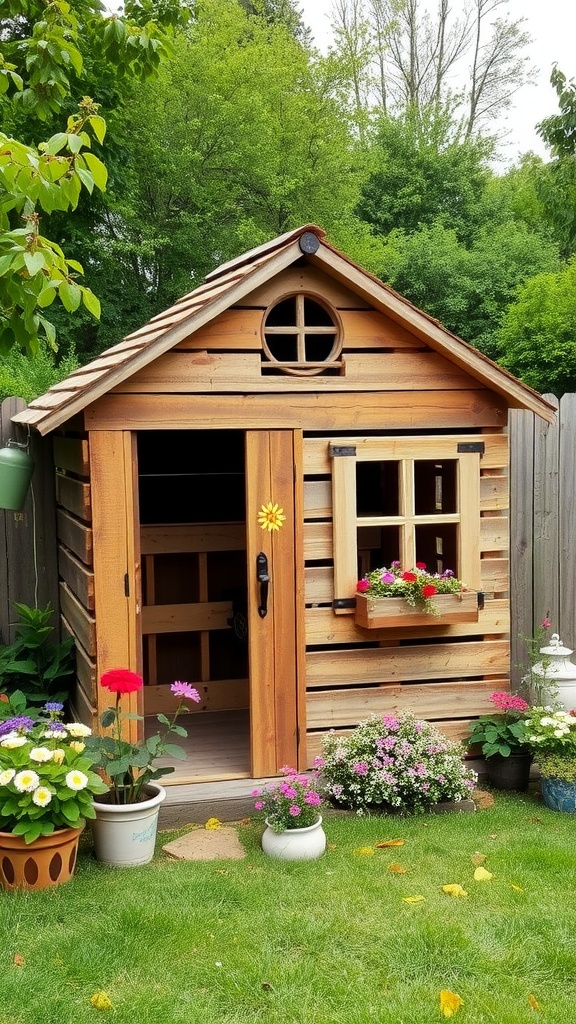 A repurposed pallet playhouse with a sloped roof, round window, and colorful flower boxes, surrounded by blooming flowers.