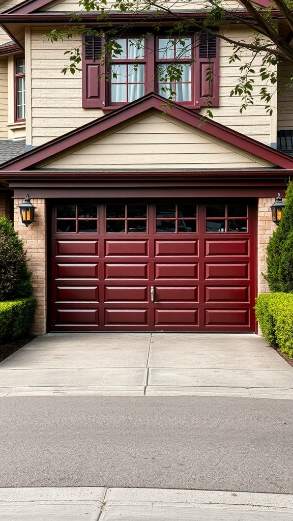 Garage door painted in rich burgundy color, showcasing a sophisticated design