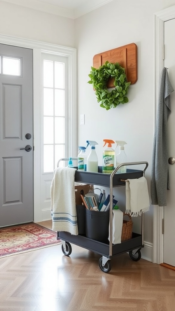 A stylish rolling cart in a mudroom, filled with cleaning supplies and a cozy blanket, showcasing mobility and storage options.