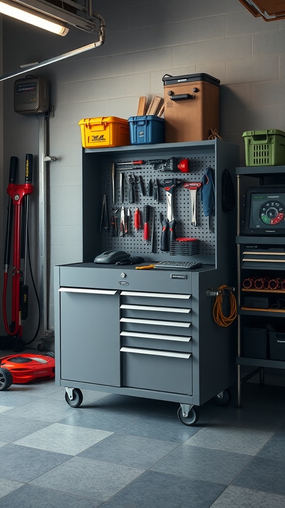 A rolling tool cabinet with drawers and a pegboard, organized with various tools and equipment.