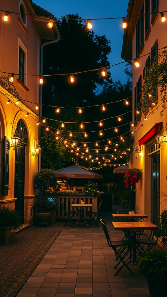 A cozy patio at night illuminated by warm string lights.