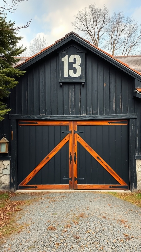 Rustic black barn garage door with wooden accents and the number 13 displayed above