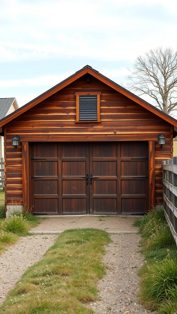 A rustic brown garage door on a country-style garage, surrounded by grass and a wooden fence.
