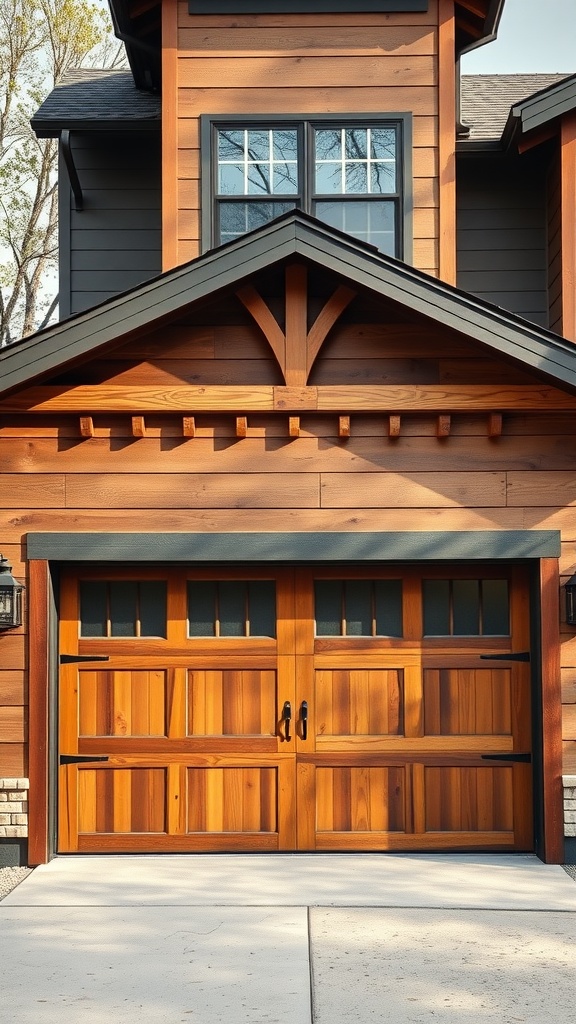 Rustic modern reclaimed wood garage door with black hardware and natural wood grain