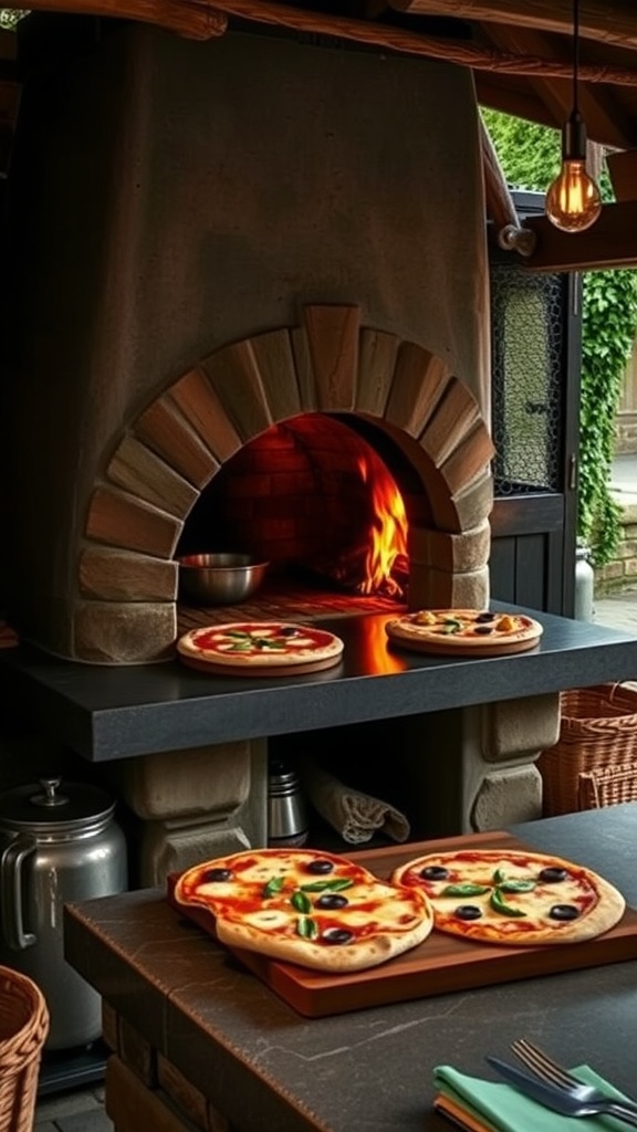 A rustic wood-fired oven with pizzas ready to be baked