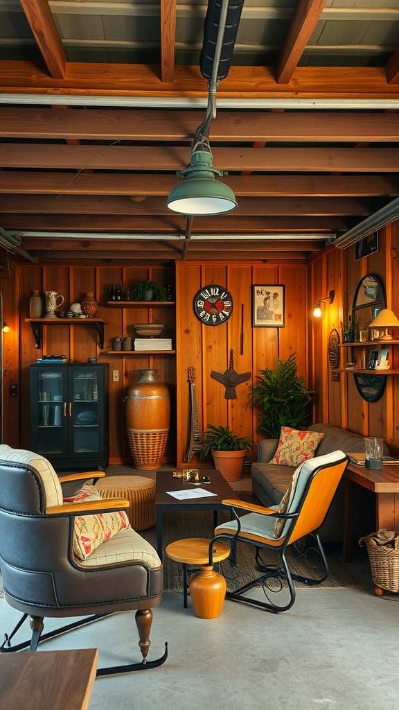 A cozy garage lounge featuring wooden walls, comfortable seating, and rustic decor.