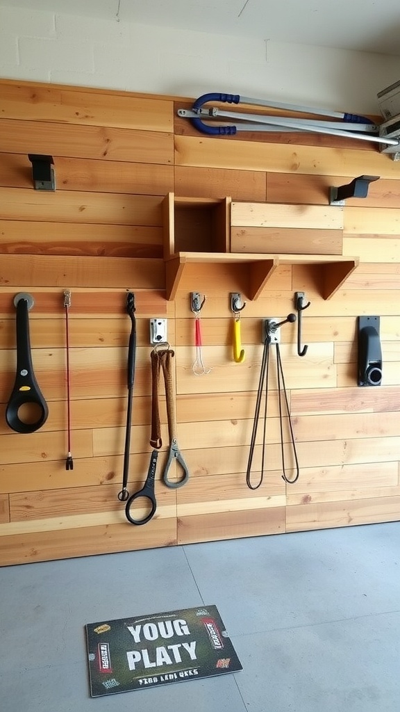 A rustic wood pallet wall display with hooks and shelves for tools in a garage setting.