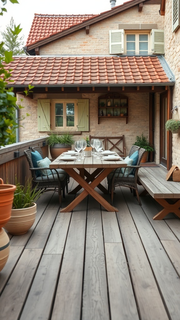 A rustic wooden deck with a dining table, comfortable chairs, and potted plants.