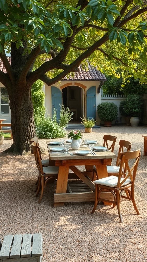 A rustic wooden dining table with chairs under a large tree in a French country backyard