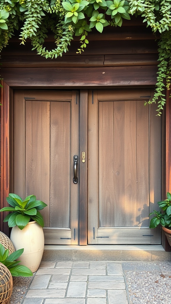 Rustic wooden garage doors surrounded by greenery and potted plants.