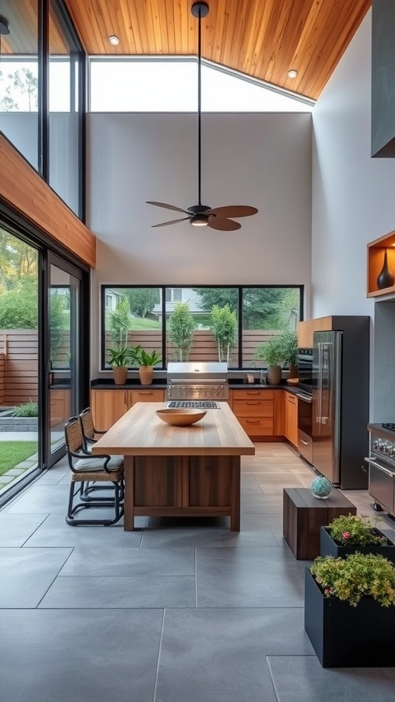 A modern indoor-outdoor kitchen with large windows and a wooden island.