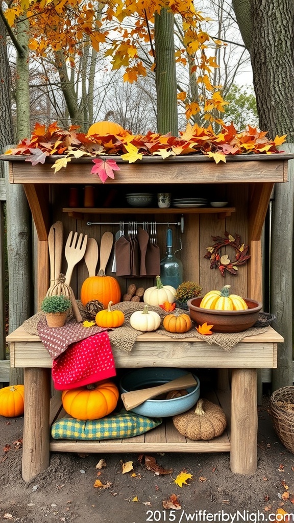 Autumn-themed mud kitchen with pumpkins and fall leaves