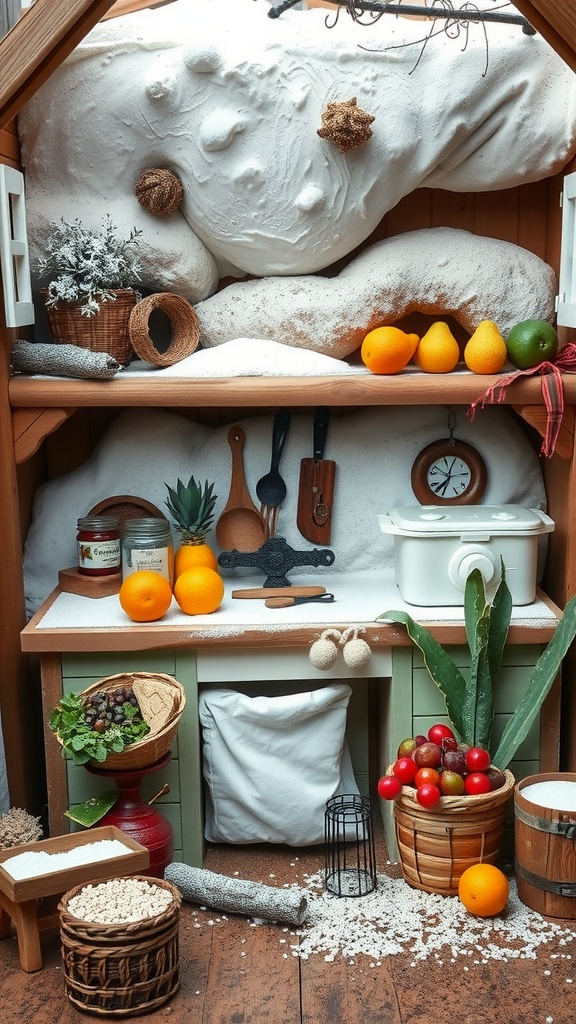 A beautifully arranged mud kitchen filled with fruits, jars, and kitchen tools, perfect for seasonal activities.