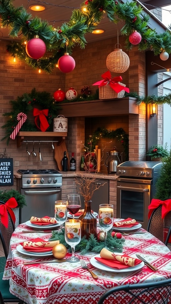 Festively decorated outdoor kitchen with garlands, ornaments, and a beautifully set dining table for the holidays.