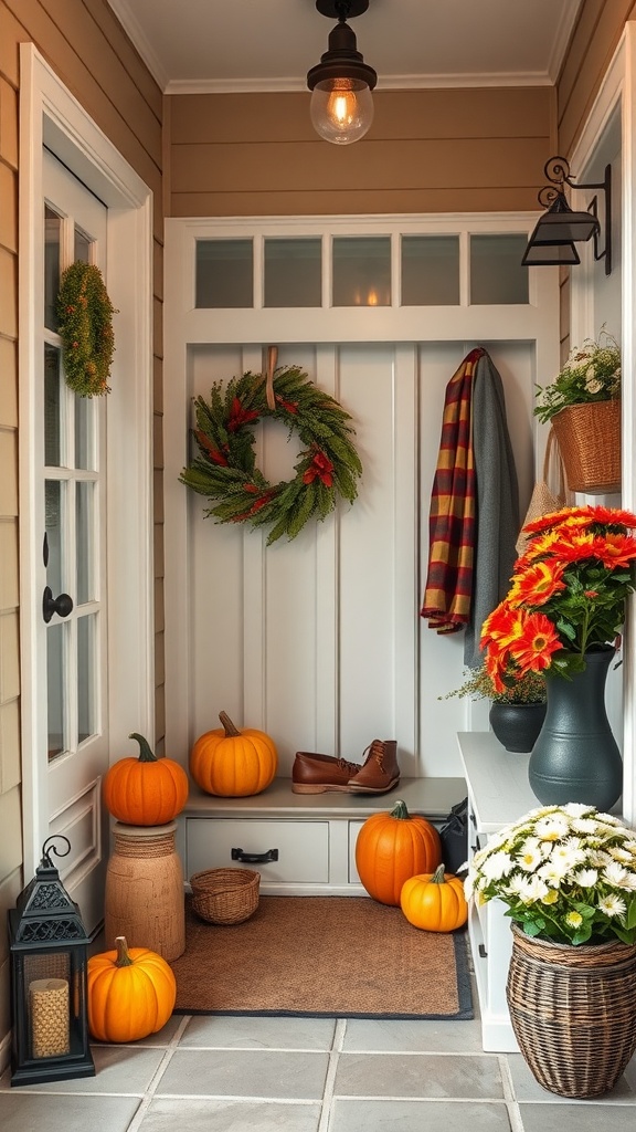A cozy mudroom decorated for autumn with pumpkins, flowers, and a wreath.