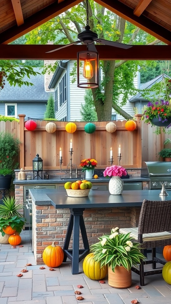 Outdoor kitchen patio decorated with colorful lanterns, fresh fruits, and pumpkins for seasonal decor.