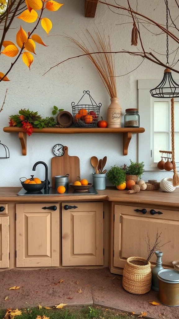 A seasonal mud kitchen setup with autumn decorations, including orange fruits and colorful leaves.