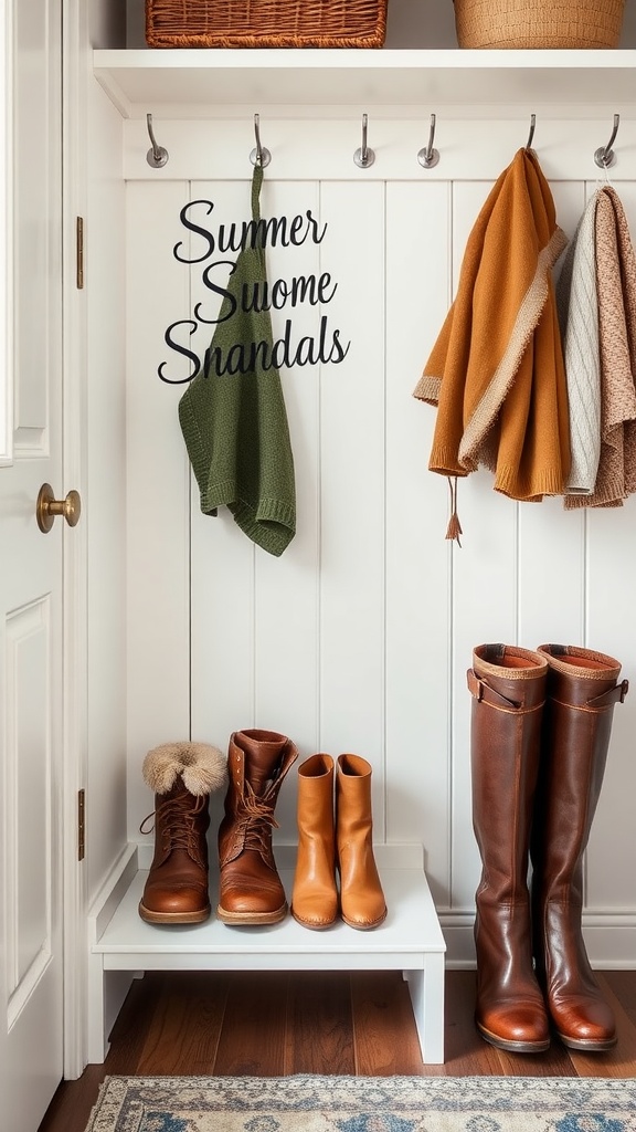 Mudroom storage with winter boots, summer sandals, and hooks for coats.