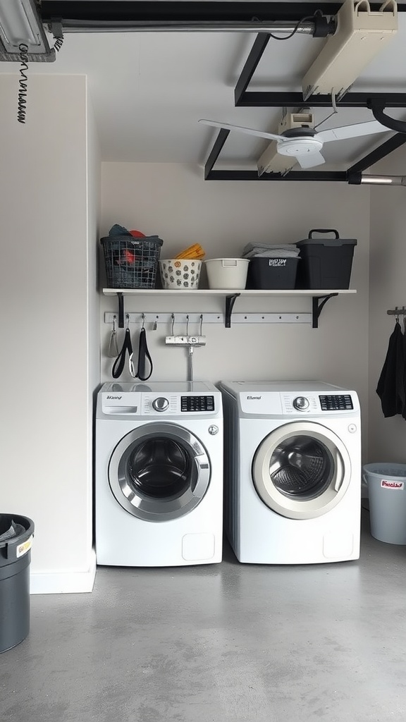 A modern laundry room with two washing machines, storage shelves, and a ceiling fan.