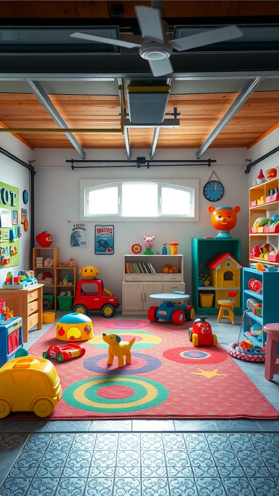 Colorful playroom in a garage with various toys and a bright rug