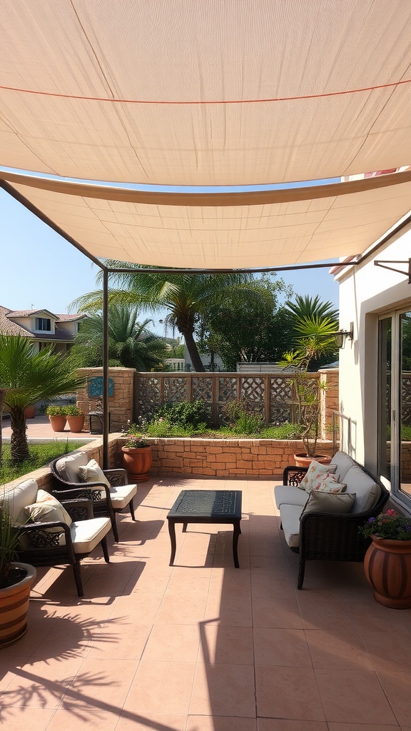A cozy patio with a shaded canopy, featuring comfortable seating and potted plants.
