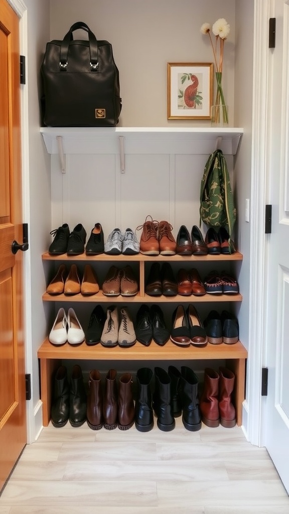 A neat shoe storage solution in a small mudroom with a wooden shelf displaying various shoes and a bag on top.