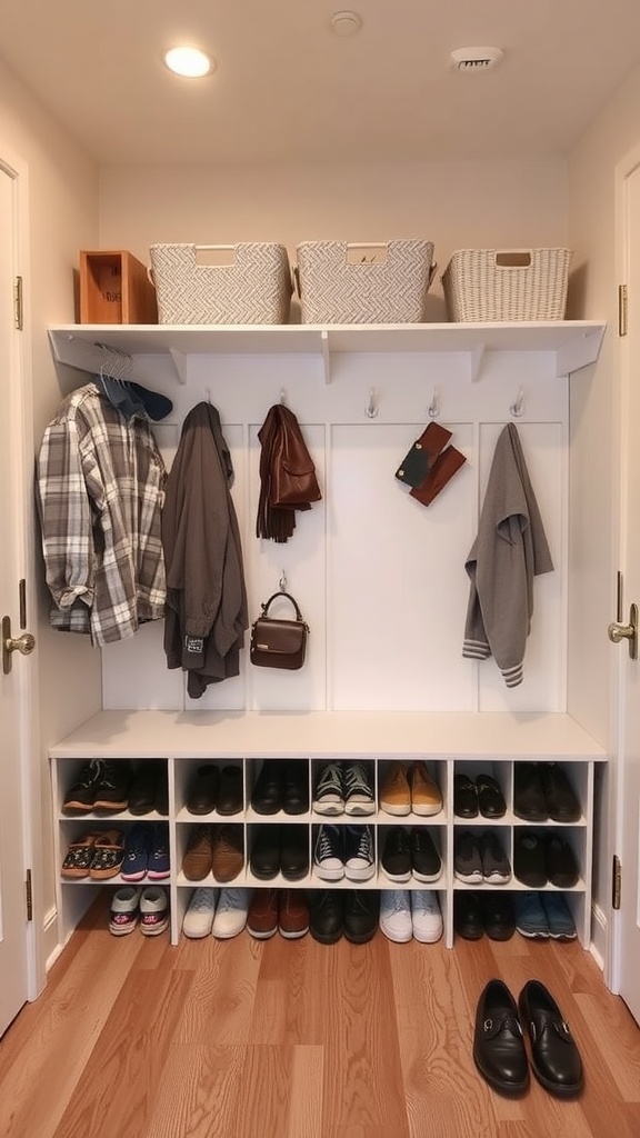 Organized mudroom with shoe storage and hooks for coats and bags.