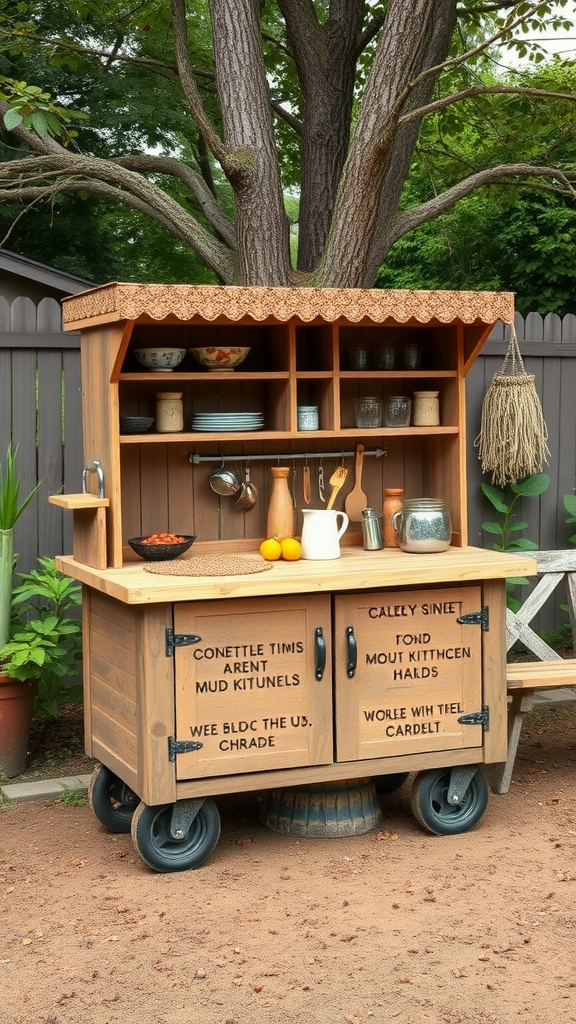 A simple mobile mud kitchen made of wood, featuring shelves and a countertop, set against trees in a garden.