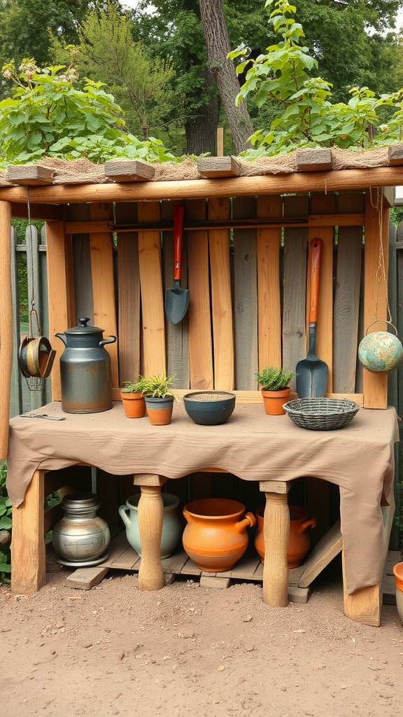A simple wooden pallet mud kitchen with a counter, hanging tools, and pots.